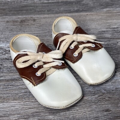 VINTAGE BABY SHOES, Infant QUICK-ON SHOES White, Brown Leather Size