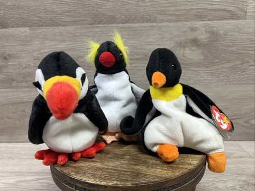 Vintage Penguin New Ty Beanie Babies: Set of  Three Waddle, Puffer, and Frigid