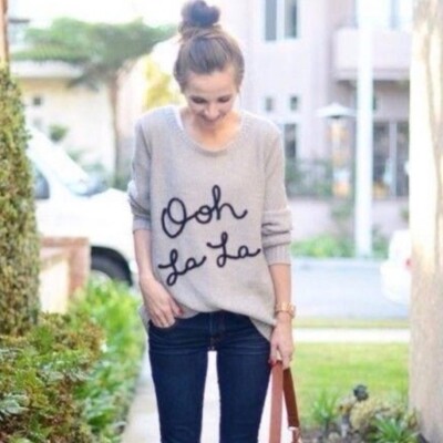 LC Lauren Conrad Sweater Womens Small Gray Black Words Knit Breathable