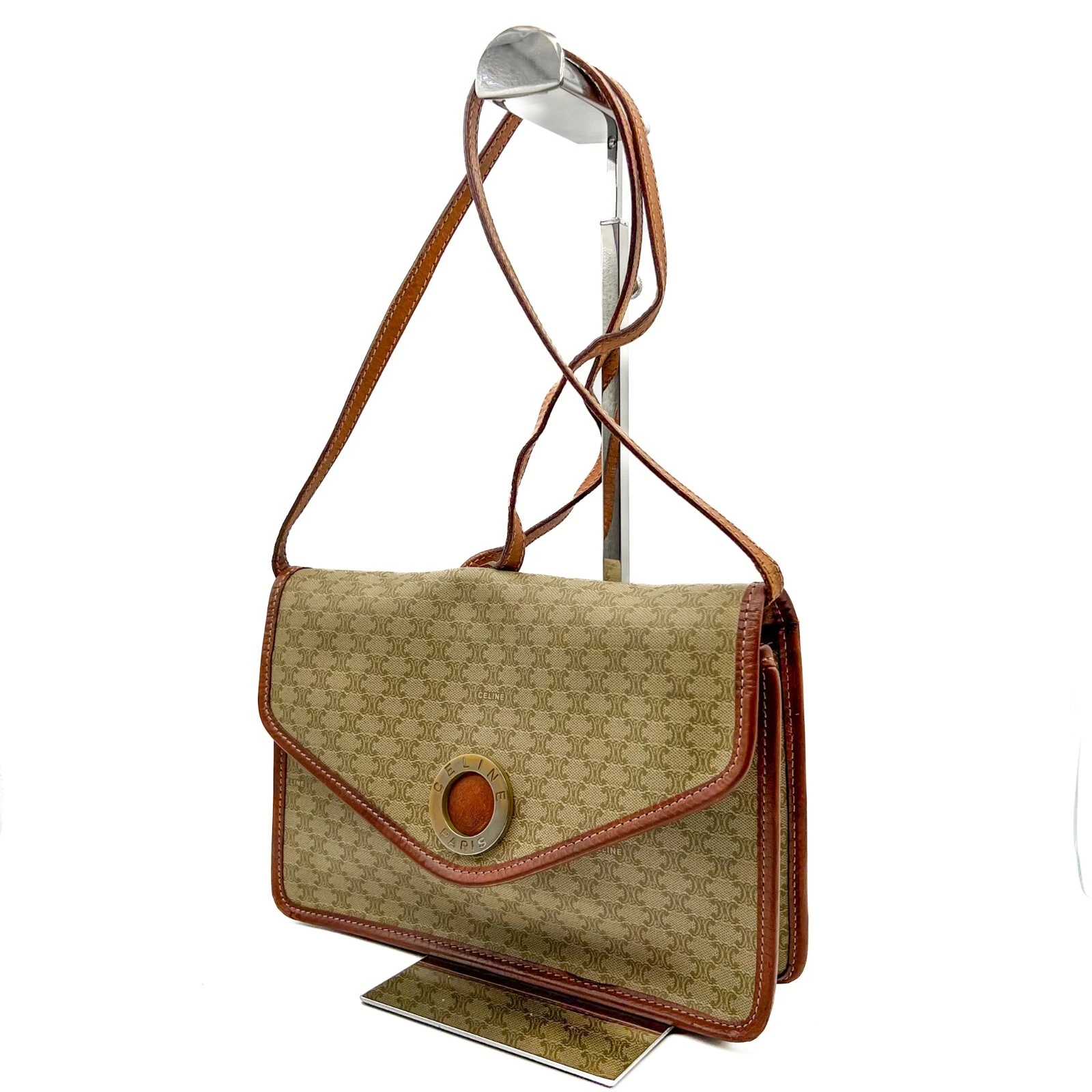 Borsa a tracolla vintage CELINE Macadam PVC pelle beige borsa autentica