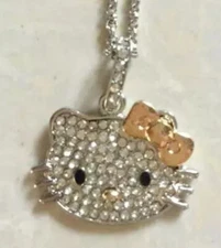 HELLO KITTY CRYSTAL RHINESTONE WITH GOLD BOW PENDANT NECKLACE