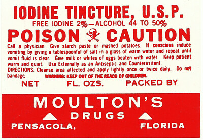 Tincture Iodine 薬品ラベル ロール 薬局 ヴィンテージ 1 Antique Pharmacy Label IODINE TINCTURE U.S.P. Poison Moulton's
