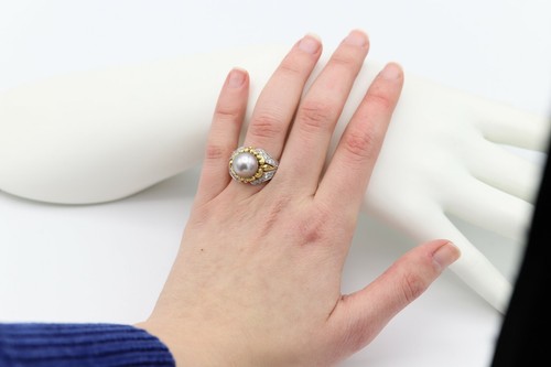 Vintage Tahitian Pearl Ring 18K Two Tone Gold Vintage Pearl Ring Natural Diamond - 第 12/13 張圖片