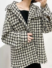 Women's Casual Houndstooth Button Down Tweed Jacket Outwear