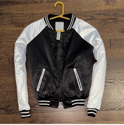 Full Tilt Girls Size XS Black White Short Varsity Jacket Zip Up Striped Casual