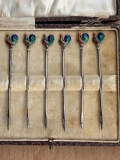 Solid Silver  & Enamel Cockerel Cocktail Sticks Boxed Art Deco. Birmingham 1928