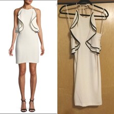 HALSTON Ruffled Crepe Halter Dress In Cream/black