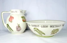 Vintage Laura Ashley Cottage Vegetables Ceramic Water 7” Pitcher 10” Bowl Set