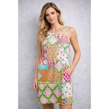 London Times Dress Womens 10 Pink Green Geometric Patchwork Shift sleeveless