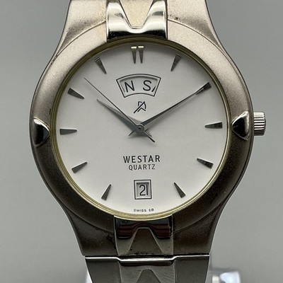 Westar Mens Watch 33mm Silver Tone Stainless Day Date 7685SW New Battery