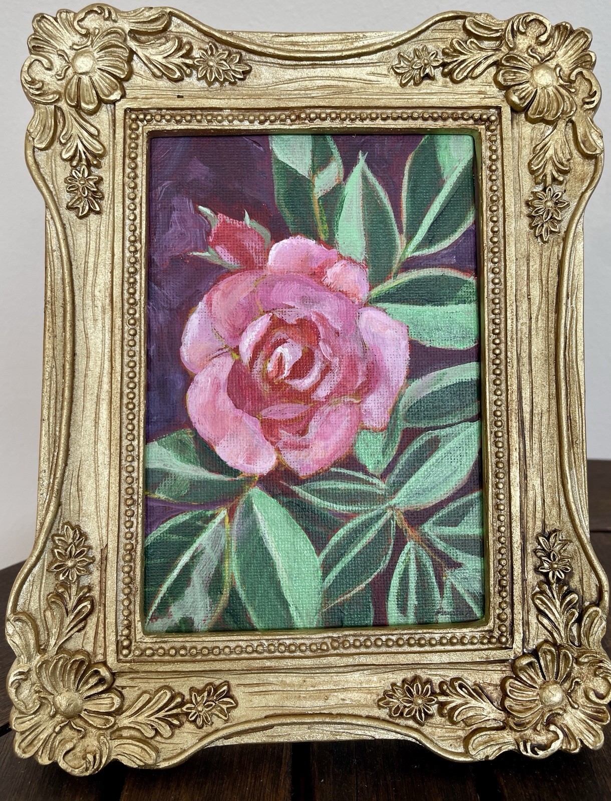 Pintura Original Rosa Rosa en Marco Dorado Ornamentado Decoración Casa Jardín