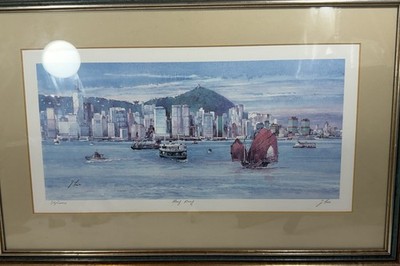 Hong Kong Harbor Lithograph Painting Framed Art 17x11 Limited 36/1000 J. Lee Art