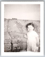 Vtg B&W Snapshot Cute Toddler Baby Standing Floral Print Couch Romper 1940s