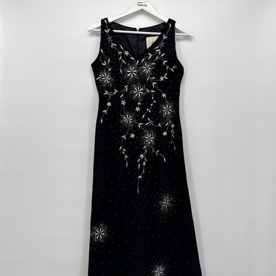 LA Cache Couture Black Floral Beaded Long Formal Gown Dress 90s Y2K Size Large