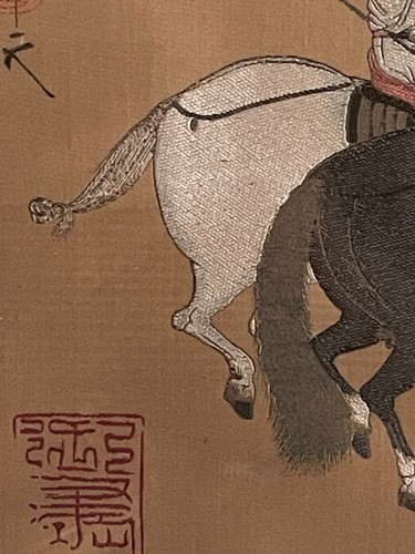Antique Warrior/Horses Painting Silk Embroidered Asian Art,Signed &Marked,framed - Foto 6 di 11