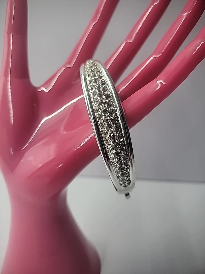 Vintage Bracelet Silver Tone Hinged Crystals White Slide Clasp Jewelry Costume - Image 2 of 4