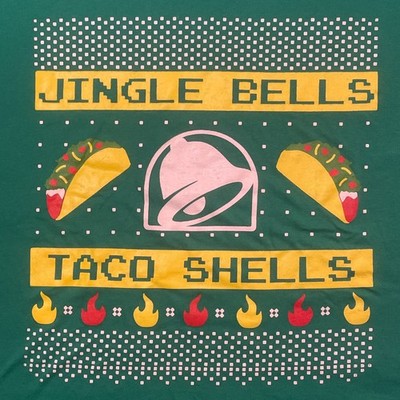 sz L Large Taco Bell Jingle Bells Shells Christmas t-shirt green ugly print
