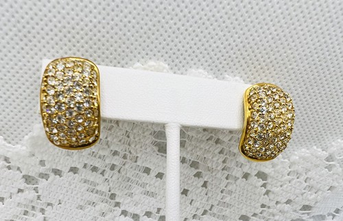 Vintage Signed ROMAN Pave Clear Rhinestone Half Hoop Post EARRINGS Sparkly