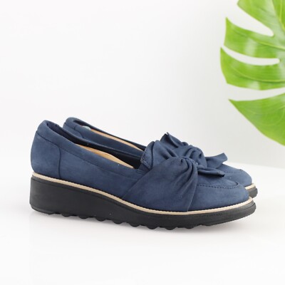 Clarks Womens Sharon Dasher Loafer Size WIDE Navy Suede Low Wedge Shoe  Big Bow