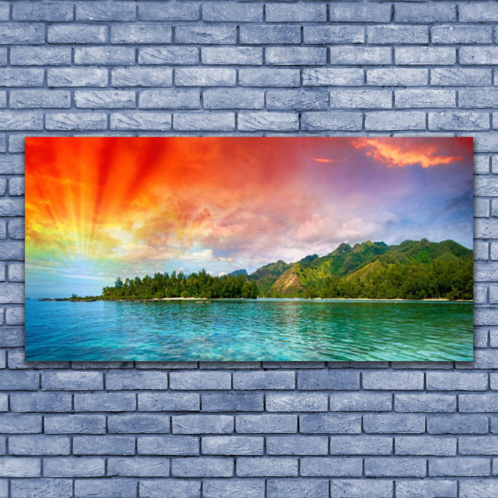 Tableau sur verre premium Paysage Forêt Mer 140x70 cm avec finition brillante