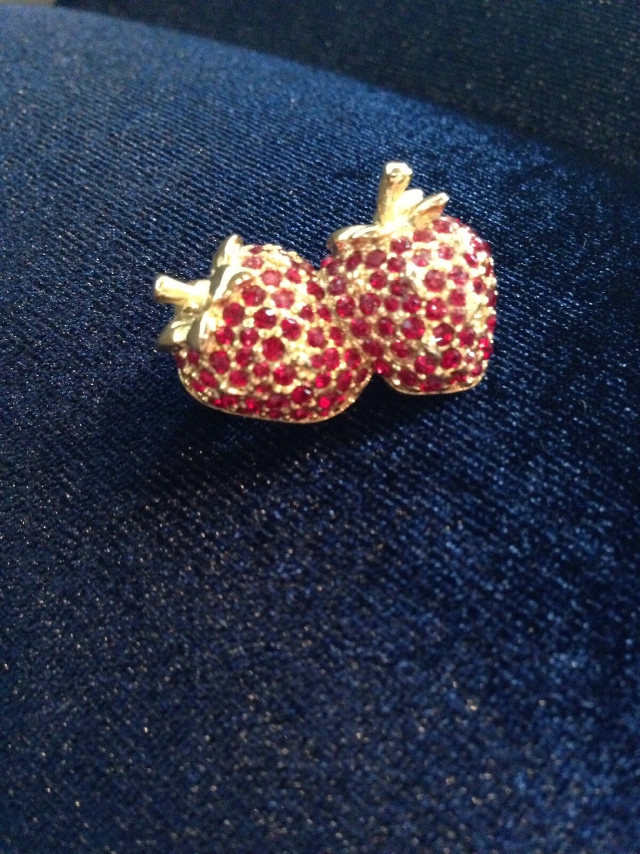 Vintage Rare Givenchy Crystal Red Strawberry Gold Pin Brooch