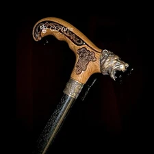 Bear Bronze & Wood Walking Cane Stick, Animal Grizzly head Celtic ornament
