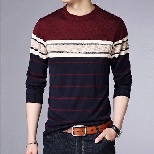 New Men's Casual Fashion Long Sleeve Striped Knitted Shirt Breathable and - Picture 23 of 27