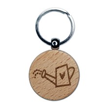 Watering Can Heart Gardening Plants Engraved Wood Round Keychain Tag Charm