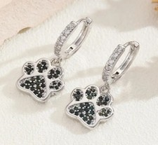 Paw Print Earrings Black Silver Cubic Zirconia Dangle Leverback