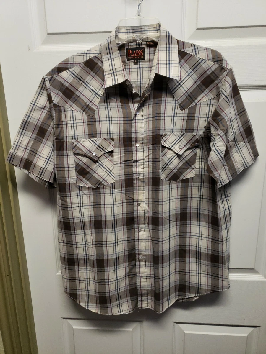Plains Men Western Shirt Size L White Brown Blue Plaid Pearl Snap