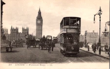 Vintage Postcard Westminster Bridge London England Tram Big Ben Traffic