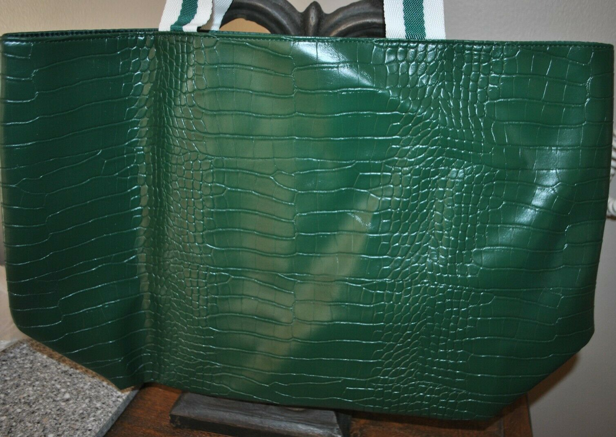 Saks Fifth Avenue Green Faux Croc Leather Tote Bag Purse Travel