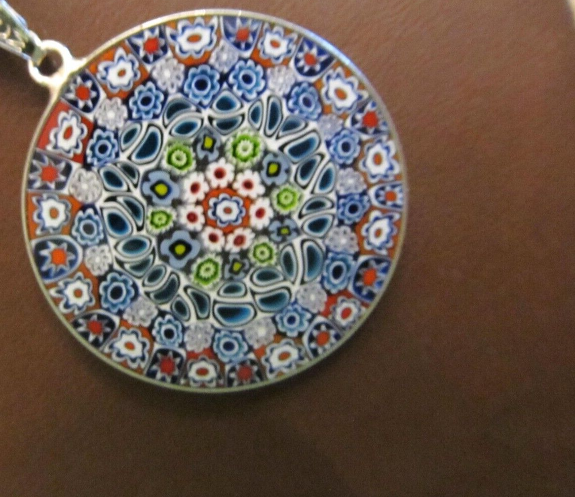 Pendentif Verre Millefiori Murano - Chaine Argent Plaqué Or - Bijou Femme Occasion