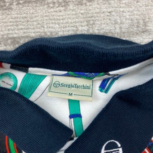 Vintage Sergio Tacchini Polo Shirt Medium White Blue Golfer Performance All Over - Picture 3 of 8