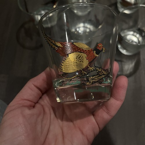 Hazel Atlas Vintage Pheasant Bar Glasses Gold Painted Set of 7 MCM Hunting 3” - Picture 10 of 24