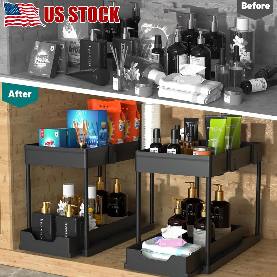 2 PACK X Under Sink Organizer Rack 2 Tier Under Sliding Cabinet Basket Organizer - Image 2 of 4