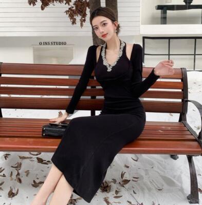 Women's Fashion Halter Beaded Long Sleeves Knitted Hip Package Midi Dress |  eBay