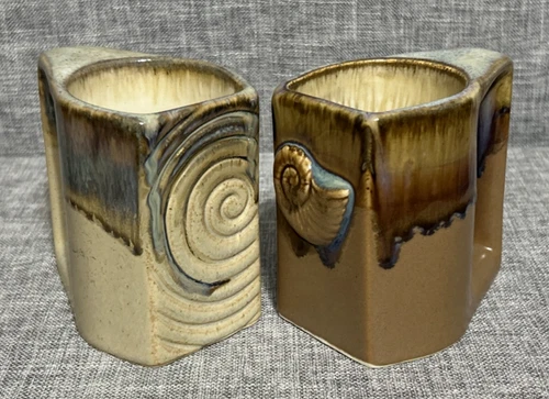 2 Vtg Rodolfo Padilla Drip Glaze Stack Stoneware Seashell Mugs 10oz Brown Blue