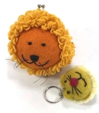Himalaya Nepal Handmade Wool Felt Lion Coin change Purse & Keyring Holder Gift