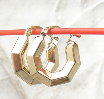 Damen Elegante Unikat Poliert Sechseck Creolen Echt 14K Gelbgold