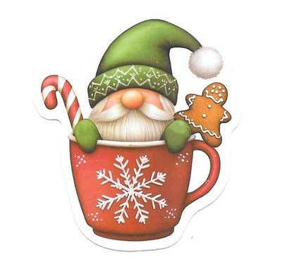 Gnome in Mug Sticker Vinyl Die Cut Decal Gingerbread Candy Cane Holiday Decor