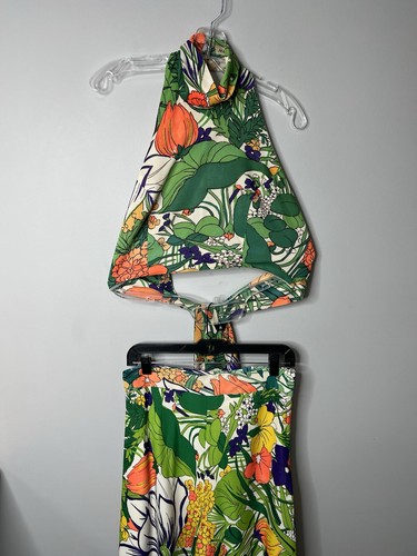 Vintage 70er Jahre Malbe Damen Retro Blumen bauchfreies Oberteil und Hose Hippie Party lesen - Bild 3 von 24