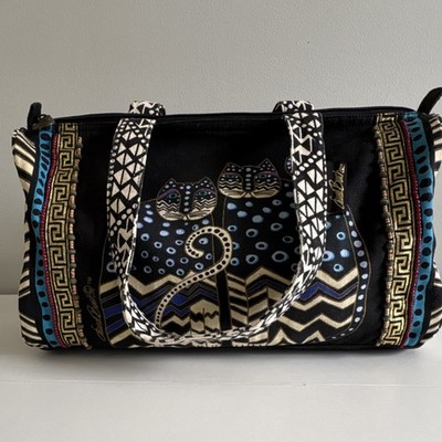 Laurel Burch Cat Tote Bag Black Blue Geometric Zip Top Shoulder Bag 