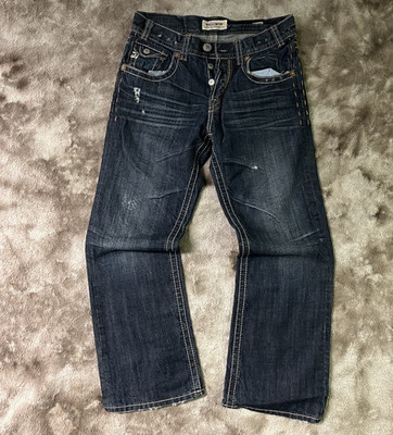 MEK Denim Men s Dark Wash Blue Denim Jeans Bootcut 5-Pocket Button Logo