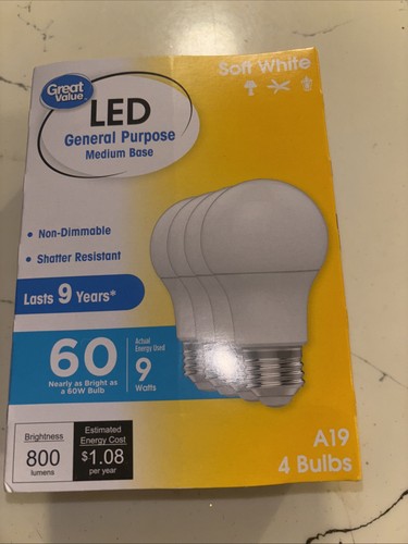 Hochwertige LED-Glühbirne, 9 W (entspricht 60 W), nicht dimmbar, weiches Weiß, 4er-Pack - Bild 1 von 3