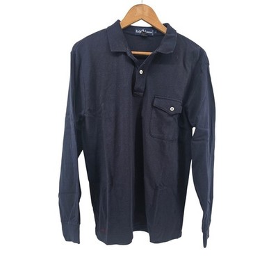Ralph Lauren Polo Shirt Mens L Navy Blue Equestrian Long Sleeve Pocket Jersey