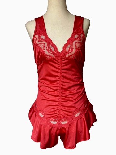 Vintage Vtg 80s Shiny Satin Caprice Teddy Bodysuit Sz Medium Red Lace Trim Fairy - Picture 18 of 21