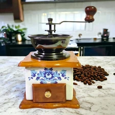 Vtg Blue & White Floral Coffee Mill Burr Grinder Porcelain, Wood, Blued Metal 