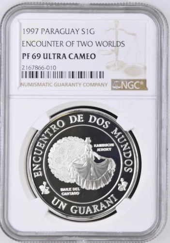 1997 PARAGUAY NGC PF 69 UC - 1 GUARANI SILVER PROOF - ENCOUNTER 2 WORLDS
