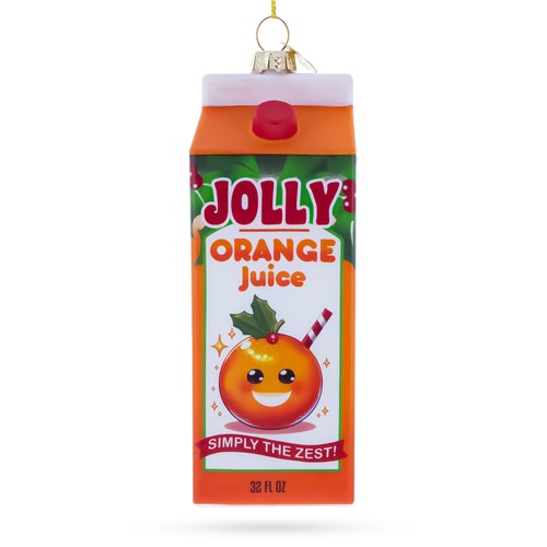 Jolly Christmas Orange Juice Box Blown Glass Christmas Ornament - Picture 2 of 4